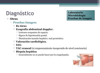 • Otras
▫ Pruebas Imagen:
 Rx tórax
 Ecografía abdominal doppler.
 Lesiones ocupantes de espacio.
 Signos de hipertensión portal.
 Disminución tamaño hepático: mal pronóstico.
 Valoración cardiológica.
 EEG
 TAC craneal (si empeoramiento inesperado de nivel conciencia)
 Biopsia hepática
 Generalmente no se puede hacer por la coagulopatía.
Diagnóstico Laboratorio
Microbiología
Pruebas de imagen
 