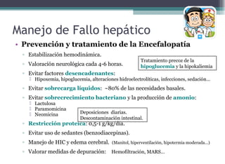 • Prevención y tratamiento de la Encefalopatía
▫ Estabilización hemodinámica.
▫ Valoración neurológica cada 4-6 horas.
▫ Evitar factores desencadenantes:
 Hipoxemia, hipoglucemia, alteraciones hidroelectrolíticas, infecciones, sedación…
▫ Evitar sobrecarga líquidos: ~80% de las necesidades basales.
▫ Evitar sobrecrecimiento bacteriano y la producción de amonio:
 Lactulosa
 Paramomicina
 Neomicina
▫ Restricción proteica: 0,5-1 g/kg/día.
▫ Evitar uso de sedantes (benzodiacepinas).
▫ Manejo de HIC y edema cerebral. (Manitol, hiperventilación, hipotermia moderada…)
▫ Valorar medidas de depuración: Hemofiltración, MARS…
Manejo de Fallo hepático
Tratamiento precoz de la
hipoglucemia y la hipokaliemia
Deposiciones diarias.
Descontaminación intestinal.
 