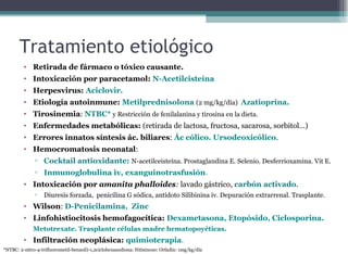 • Retirada de fármaco o tóxico causante.
• Intoxicación por paracetamol: N-Acetilcisteína
• Herpesvirus: Aciclovir.
• Etiología autoinmune: Metilprednisolona (2 mg/kg/día) Azatioprina.
• Tirosinemia: NTBC* y Restricción de fenilalanina y tirosina en la dieta.
• Enfermedades metabólicas: (retirada de lactosa, fructosa, sacarosa, sorbitol…)
• Errores innatos síntesis ác. biliares: Ác cólico. Ursodeoxicólico.
• Hemocromatosis neonatal:
▫ Cocktail antioxidante: N-acetilceisteína. Prostaglandina E. Selenio. Desferrioxamina. Vit E.
▫ Inmunoglobulina iv, exanguinotrasfusión.
• Intoxicación por amanita phalloides: lavado gástrico, carbón activado.
▫ Diuresis forzada, penicilina G sódica, antídoto Silibinina iv. Depuración extrarrenal. Trasplante.
• Wilson: D-Penicilamina, Zinc
• Linfohistiocitosis hemofagocítica: Dexametasona, Etopósido, Ciclosporina.
Metotrexate. Trasplante células madre hematopoyéticas.
• Infiltración neoplásica: quimioterapia.
Tratamiento etiológico
*NTBC: 2-nitro-4-trifluorometil-benzoil)-1,2ciclohexanediona: Nitisinone: Orfadín: 1mg/kg/día
 