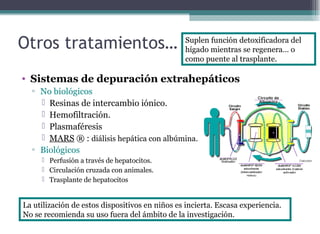 • Sistemas de depuración extrahepáticos
▫ No biológicos
 Resinas de intercambio iónico.
 Hemofiltración.
 Plasmaféresis
 MARS ® : diálisis hepática con albúmina.
▫ Biológicos
 Perfusión a través de hepatocitos.
 Circulación cruzada con animales.
 Trasplante de hepatocitos
Otros tratamientos…
La utilización de estos dispositivos en niños es incierta. Escasa experiencia.
No se recomienda su uso fuera del ámbito de la investigación.
Suplen función detoxificadora del
hígado mientras se regenera… o
como puente al trasplante.
 