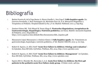 Bibliografía
1. Batista Ferreira R, de la Vega Bueno A, Hierro Llanillo L, Jara Vega P. Fallo hepático agudo. En:
Guerrero Fernández, J, Ruiz Domínguez JA, Menéndez Suso JJ, et al. Manual de Diagnóstico y
Terapéutica en Pediatría. Hospital Infantil La Paz. 5ª ed. Madrid: Publimed; 2011: p. 849-854.
2. Jiménez Gómez MJ, Polo Miquel B, Donat Aliaga E. Protocolos diagnósticos y terapéuticos de
Gastroenterología, Hepatología y Nutrición pediátrica. [en línea]. Madrid: Asociación Española
de Pediatría; 2010. Disponible en:
https://www.aeped.es/sites/default/files/documentos/fallo_hepatico.pdf
3. Manzanares López-Manzanares J, Jiménez Gómez J. Fallo hepático agudo. En: Tratamiento en
gastroenterología, hepatología y nutrición pediátrica. 3ª Ed. Madrid: ERGON; 2012: p. 611-639.
4. Robert H. Squires, Jr, MD, FAAP.“Acute liver failure in children: Etiology and evaluation”.
In:Uptodate, Rose BD (Ed), UpToDate, Waltham, MA, 2014. http://www.uptodate.com/
5. Robert H. Squires, Jr, MD, FAAP.“Acute liver failure in children: Management”. In:Uptodate,
Rose BD (Ed), UpToDate, Waltham, MA, 2014. http://www.uptodate.com/
6. Squires RH Jr, Shneider BL, Bucuvalas J, et al. Acute liver failure in children: the first 348
patients in the pediatric acute liver failure study group. J Pediatr 2006; 148:652.
 
