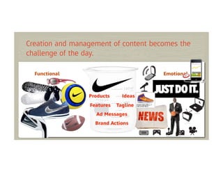 Creation and management of content becomes the
challenge of the day.

  Functional                          Emotional



                 Products     Ideas
                 Features   Tagline
                   Ad Messages
                   Brand Actions
 