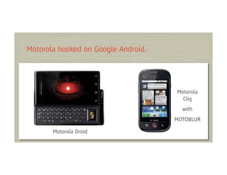 Motorola hooked on Google Android.




                                     Motorola
                                       Cliq
                                       with
                                     MOTOBLUR

       Motorola Droid
 