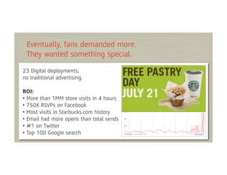Eventually, fans demanded more.
 They wanted something special.
23 Digital deployments,
no traditional advertising.

ROI:
• More than 1MM store visits in 4 hours
• 750K RSVPs on Facebook
• Most visits in Starbucks.com history
• Email had more opens than total sends
• #1 on Twitter
• Top 100 Google search
 
