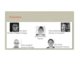 Presenters.



                  Aki Spicer                           Marty Wetherall
Director of Digital Strategy                           Director of Innovation
                                      Julianna Simon
                                          Planner


                    Chris Campbell                             Erin Simle
                    Account Manager                            Integrated Producer
 