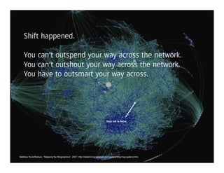 Shift happened.

    You can’t outspend your way across the network.
    You can’t outshout your way across the network.
    You have to outsmart your way across.




                                                                                    Your ad is here.




Matthew Hurst/Nielsen, “Mapping the Blogosphere”, 2007, http://datamining.typepad.com/gallery/blog-map-gallery.html,
 