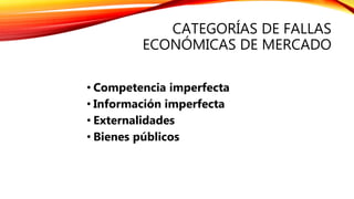 CATEGORÍAS DE FALLAS
ECONÓMICAS DE MERCADO
• Competencia imperfecta
• Información imperfecta
• Externalidades
• Bienes públicos
 
