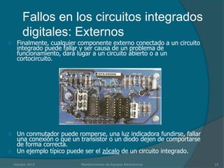 Fallos en los circuitos integrados
         digitales: Externos
    Finalmente, cualquier componente externo conectado a un circuito
     integrado puede fallar y ser causa de un problema de
     funcionamiento, dará lugar a un circuito abierto o a un
     cortocircuito.




    Un conmutador puede romperse, una luz indicadora fundirse, fallar
     una conexión o que un transistor o un diodo dejen de comportarse
     de forma correcta.
    Un ejemplo típico puede ser el zócalo de un circuito integrado.

    Octubre 2012           Mantenimiento de Equipos Electrónicos         15
 
