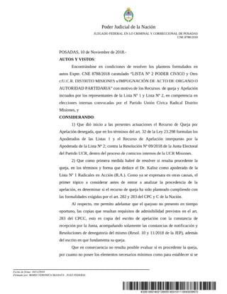 Fallo jueza María Skanata sobre amparo UCR noviembre 2018