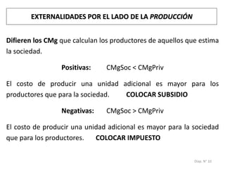 Diap. N° 10
EXTERNALIDADES POR EL LADO DE LA PRODUCCIÓN
Difieren los CMg que calculan los productores de aquellos que estima
la sociedad.
Positivas: CMgSoc < CMgPriv
El costo de producir una unidad adicional es mayor para los
productores que para la sociedad. COLOCAR SUBSIDIO
Negativas: CMgSoc > CMgPriv
El costo de producir una unidad adicional es mayor para la sociedad
que para los productores. COLOCAR IMPUESTO
 