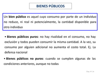 Diap. N° 14
Un bien público es aquel cuyo consumo por parte de un individuo
no reduce, ni real ni potencialmente, la cantidad disponible para
otro individuo
• Bienes públicos puros: no hay rivalidad en el consumo, no hay
exclusión y todos pueden consumir la misma cantidad. A la vez, su
consumo por alguien adicional no aumenta el costo total. Ej. La
defensa nacional
• Bienes públicos no puros: cuando se cumplen algunas de las
condiciones anteriores, aunque no todas
BIENES PÚBLICOS
 