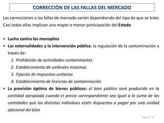 Diap. N° 16
CORRECCIÓN DE LAS FALLAS DEL MERCADO
• Lucha contra los monoplios
• Las externalidades y la intervención pública: la regulación de la contaminación a
través de:
1. Prohibición de actividades contaminantes
2. Establecimiento de umbrales máximos
3. Fijación de impuestos unitarios
4. Establecimiento de licencias de contaminación
• La provisión óptima de bienes públicos: el bien público será producido en la
cantidad apropiada cuando el precio correspondiente sea igual a la suma de las
cantidades que los distintos individuos estén dispuestos a pagar por una unidad
adicional del bien
Las correcciones a las fallas de mercado varían dependiendo del tipo de que se trate.
Casi todas ellas implican una mayor o menor participación del Estado
 