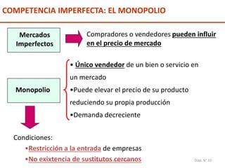 Introducción a la Economía II Diap. N° 33
COMPETENCIA IMPERFECTA: EL MONOPOLIO
Mercados
Imperfectos
Compradores o vendedores pueden influir
en el precio de mercado
• Único vendedor de un bien o servicio en
un mercado
•Puede elevar el precio de su producto
reduciendo su propia producción
•Demanda decreciente
Condiciones:
•Restricción a la entrada de empresas
•No exixtencia de sustitutos cercanos
Monopolio
 