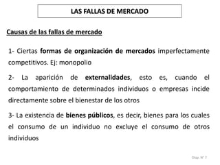 Diap. N° 7
Causas de las fallas de mercado
1- Ciertas formas de organización de mercados imperfectamente
competitivos. Ej: monopolio
2- La aparición de externalidades, esto es, cuando el
comportamiento de determinados individuos o empresas incide
directamente sobre el bienestar de los otros
3- La existencia de bienes públicos, es decir, bienes para los cuales
el consumo de un individuo no excluye el consumo de otros
individuos
LAS FALLAS DE MERCADO
 