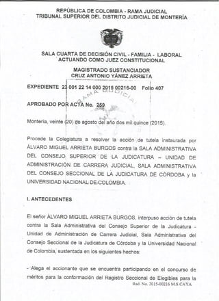 Fallo Tribunal Superior de Montería. Radicado 2015-216. 