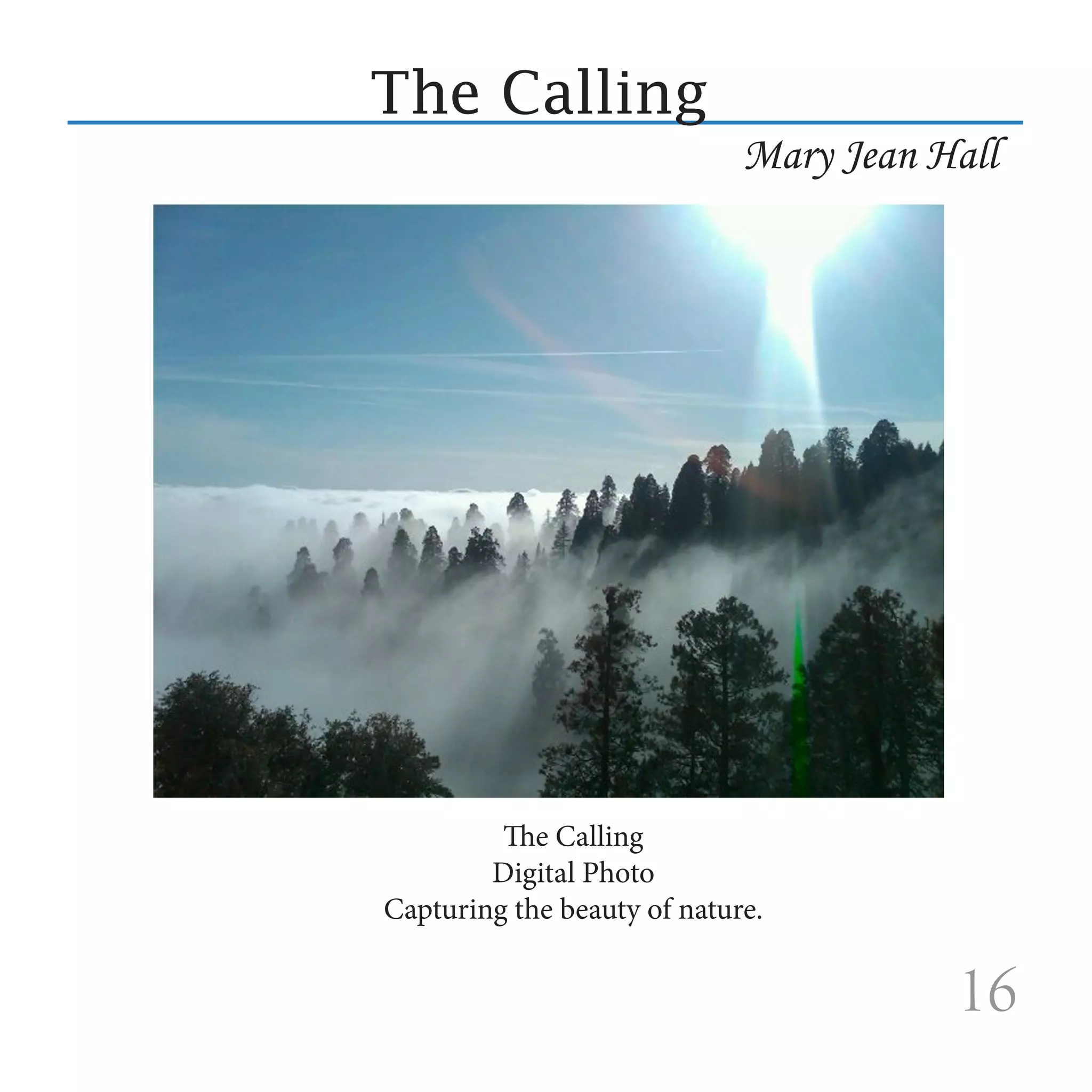 The Calling
                             Mary Jean Hall




         The Calling
        Digital Photo
Capturing the beauty of nature.


                                        16
 