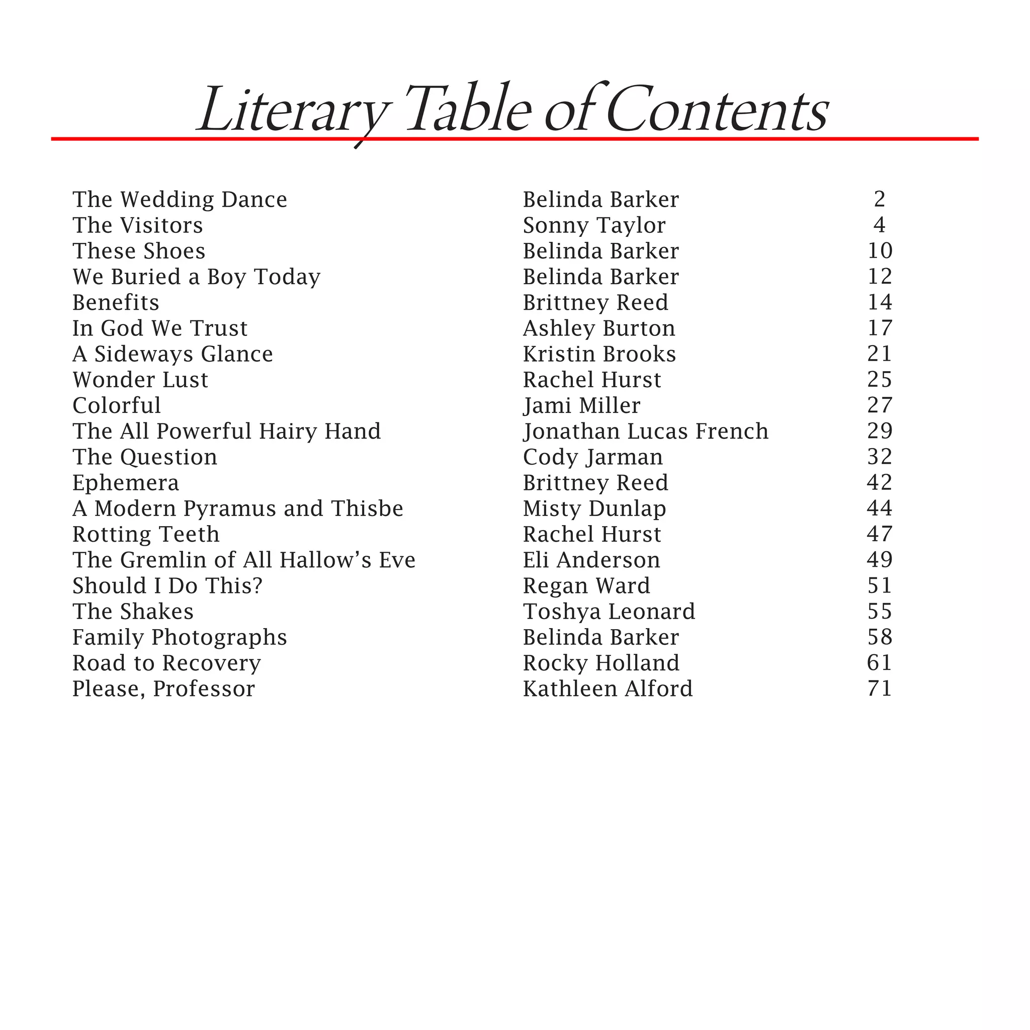 Literary Table of Contents
The Wedding Dance 				            Belinda Barker           2
The Visitors					Sonny Taylor                              4
These Shoes					Belinda Barker                            10
We Buried a Boy Today				         Belinda Barker          12
Benefits						Brittney Reed                               14
In God We Trust					              Ashley Burton           17
A Sideways Glance				             Kristin Brooks          21
Wonder Lust					Rachel Hurst                              25
Colorful						Jami Miller                                 27
The All Powerful Hairy Hand			    Jonathan Lucas French   29
The Question					Cody Jarman                              32
Ephemera						Brittney Reed                               42
A Modern Pyramus and Thisbe		     Misty Dunlap            44
Rotting Teeth					Rachel Hurst                            47
The Gremlin of All Hallow’s Eve		 Eli Anderson            49
Should I Do This?					            Regan Ward              51
The Shakes						Toshya Leonard                            55
Family Photographs				Belinda Barker                      58
Road to Recovery					Rocky Holland                        61
Please, Professor					Kathleen Alford                     71
 