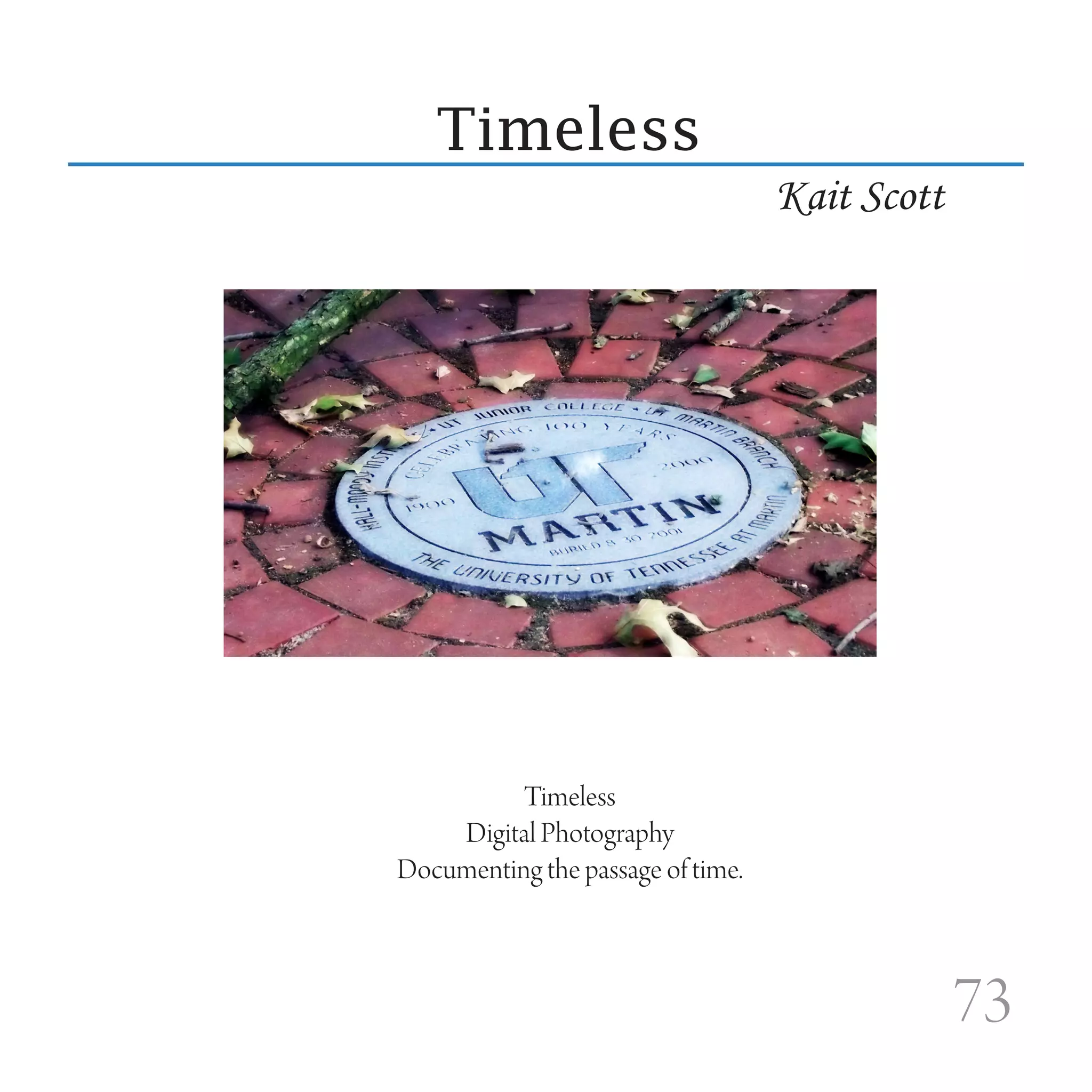 Timeless
                                   Kait Scott




          Timeless
    Digital Photography
Documenting the passage of time.



                                                73
 