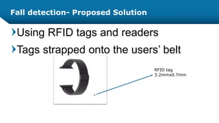 Fall detection- Proposed Solution
Using RFID tags and readers
Tags strapped onto the users’ belt
RFID tag
3.2mmx0.7mm
 