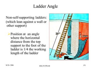 SCD- 2006 HSE-P-FPR-00 (#)
Ladder Angle
Non-self-supporting ladders:
(which lean against a wall or
other support)
➢Position at an angle
where the horizontal
distance from the top
support to the foot of the
ladder is 1/4 the working
length of the ladder
 