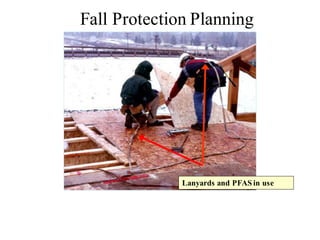 Fall protection systems and work practices
must be in place before you start work.
Lanyards and PFAS in use
Fall Protection Planning
 