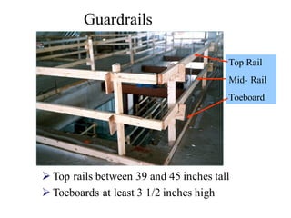 ➢ Top rails between 39 and 45 inches tall
➢ Toeboards at least 3 1/2 inches high
Top Rail
Mid- Rail
Toeboard
Guardrails
 
