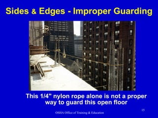 Sides  &  Edges - Improper Guarding This 1/4" nylon rope alone is not a proper way to guard this open floor 