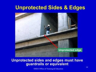 Unprotected edge Unprotected Sides & Edges Unprotected sides and edges must have guardrails or equivalent 