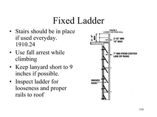Fixed Ladder
• Stairs should be in place
if used everyday.
1910.24
• Use fall arrest while
climbing
• Keep lanyard short to 9
inches if possible.
• Inspect ladder for
looseness and proper
rails to roof
116
 