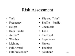 Risk Assessment
• Task
• Frequency
• Height
• Both Hands?
• Access?
• Weather
• Lighting
• Fall Arrest?
• Fall Protection?
• Slip and Trips?
• Traffic – Public
• Chemicals
• Tools
• Electrical
• Experience
• Fitness
• Training
• Solution? 152
 