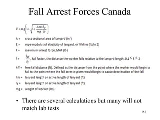 Fall Arrest Forces Canada
• There are several calculations but many will not
match lab tests 157
 