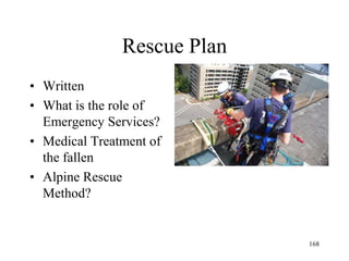 Rescue Plan
• Written
• What is the role of
Emergency Services?
• Medical Treatment of
the fallen
• Alpine Rescue
Method?
168
 