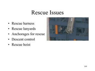 Rescue Issues
• Rescue harness
• Rescue lanyards
• Anchorages for rescue
• Descent control
• Rescue hoist
169
 