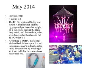May 2014
• Providence RI
• 8 hurt in fall
• The US Occupational Safety and
Health Administration said the
rigging used put excessive weight
on a carabiner, causing the metal
loop to fail, and the acrobats, who
were hanging by their hair, to fall
15 to 20 feet to t
• According to OSHA, circus staff
violated both industry practice and
the manufacturer’s instructions for
using the carabiner by attaching it
so it was pulled in three directions,
rather than two.
 