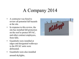 A Company 2014
• A contractor was hired to
review all potential fall hazards
at the site.
• In response to this review, the
site has installed fall protection
on the roof to protect HVAC,
and other contract employees,
from falls.
• Guardrails were installed at
edges and designated walkways
to the HVAC units were
delineated.
• Guardrails were also installed
around skylights.
 