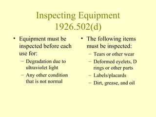 Inspecting Equipment
             1926.502(d)
• Equipment must be        • The following items
  inspected before each      must be inspected:
  use for:                   – Tears or other wear
   – Degradation due to      – Deformed eyelets, D
     ultraviolet light         rings or other parts
   – Any other condition     – Labels/placards
     that is not normal      – Dirt, grease, and oil
 