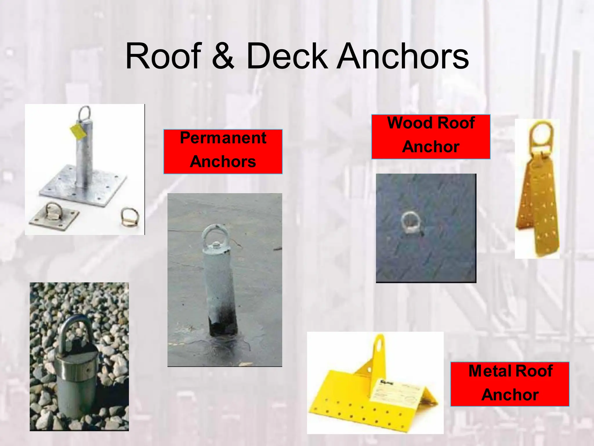 Roof & Deck Anchors
Wood Roof
Anchor
Metal Roof
Anchor
Permanent
Anchors
 
