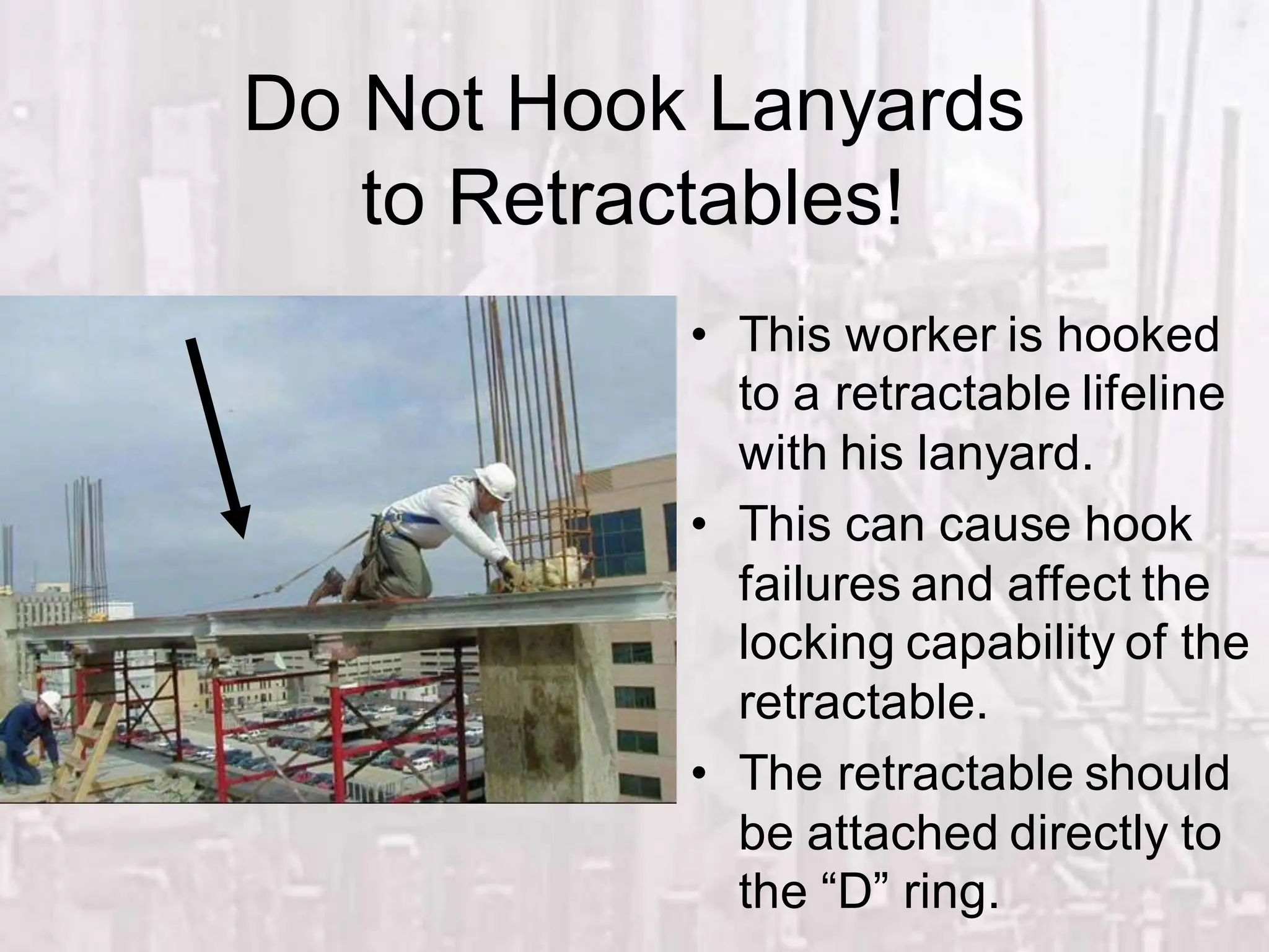 Do Not Hook Lanyards
to Retractables!
• This worker is hooked
to a retractable lifeline
with his lanyard.
• This can cause hook
failures and affect the
locking capability of the
retractable.
• The retractable should
be attached directly to
the “D” ring.
 