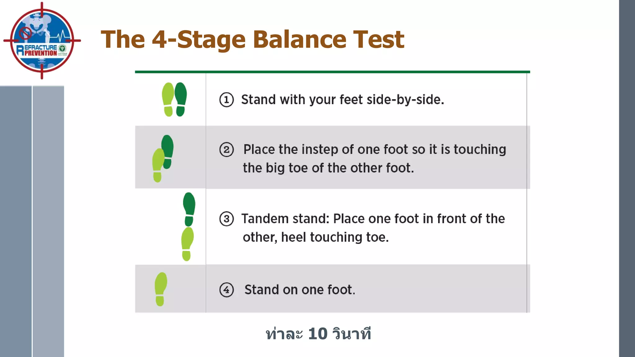 The 4-Stage Balance Test
ท่าละ 10 วินาที
 
