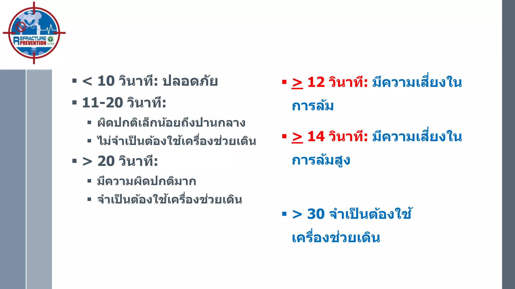  < 10 วินาที: ปลอดภัย
 11-20 วินาที:
 ผิดปกติเล็กน้อยถึงปานกลาง
 ไม่จาเป็ นต้องใช้เครื่องช่วยเดิน
 > 20 วินาที:
 มีความผิดปกติมาก
 จาเป็ นต้องใช้เครื่องช่วยเดิน
 > 12 วินาที: มีความเสี่ยงใน
การล้ม
 > 14 วินาที: มีความเสี่ยงใน
การล้มสูง
 > 30 จาเป็ นต้องใช้
เครื่องช่วยเดิน
 
