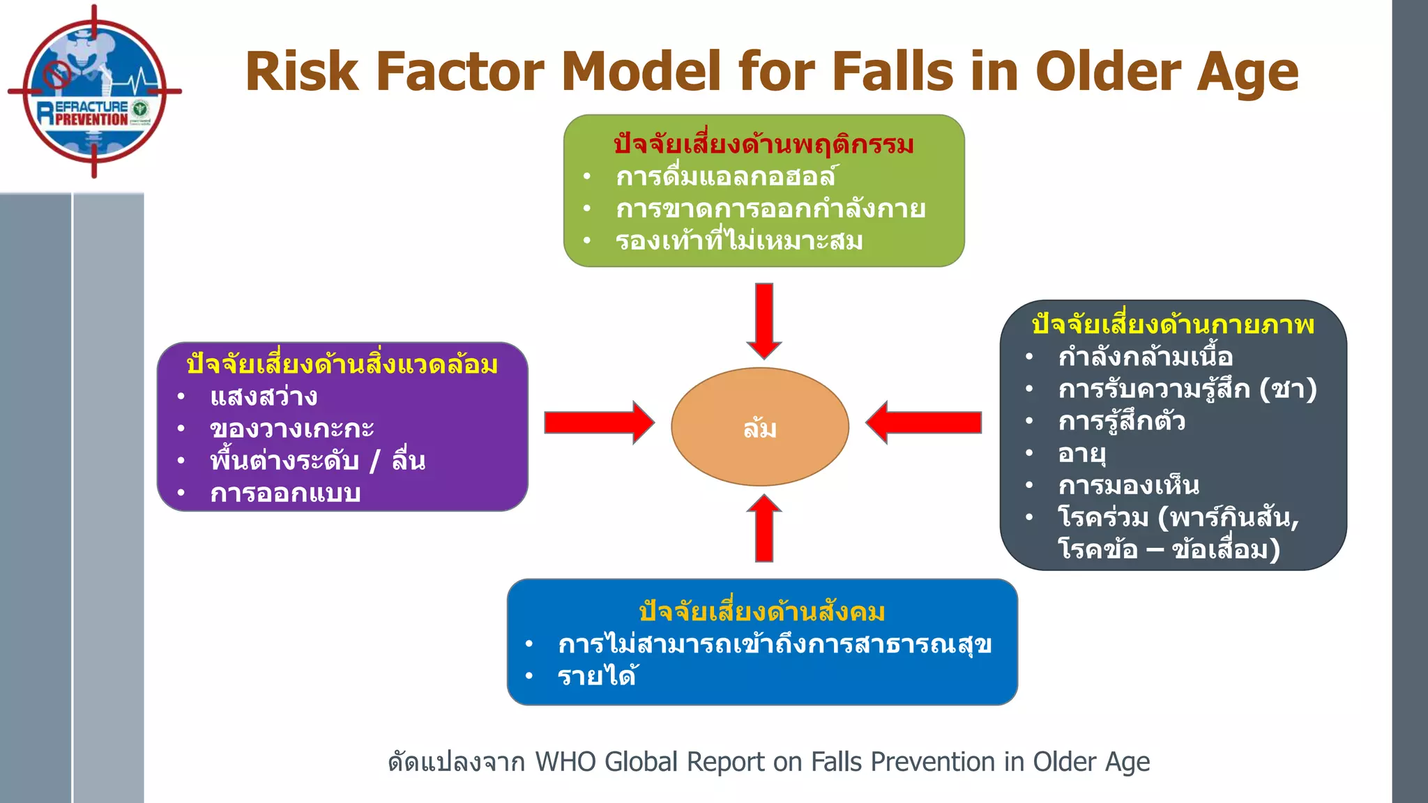 Risk Factor Model for Falls in Older Age
ดัดแปลงจาก WHO Global Report on Falls Prevention in Older Age
ล้ม
ปัจจัยเสี่ยงด้านพฤติกรรม
• การดื่มแอลกอฮอล์
• การขาดการออกกาลังกาย
• รองเท้าที่ไม่เหมาะสม
ปัจจัยเสี่ยงด้านสิ่งแวดล้อม
• แสงสว่าง
• ของวางเกะกะ
• พื้นต่างระดับ / ลื่น
• การออกแบบ
ปัจจัยเสี่ยงด้านกายภาพ
• กาลังกล้ามเนื้อ
• การรับความรู้สึก (ชา)
• การรู้สึกตัว
• อายุ
• การมองเห็น
• โรคร่วม (พาร์กินสัน,
โรคข้อ – ข้อเสื่อม)
ปัจจัยเสี่ยงด้านสังคม
• การไม่สามารถเข้าถึงการสาธารณสุข
• รายได้
 