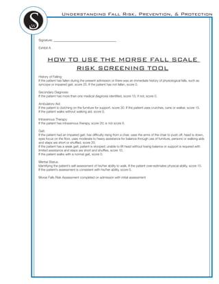 Understanding Fall Risk, Prevention, & Protection
Signature: _______________________________________
Exhibit A
HOW TO USE THE MORSE FALL SCALE
RISK SCREENING TOOL
History of Falling:
If the patient has fallen during the present admission or there was an immediate history of physiological falls, such as
syncope or impaired gait, score 25. If the patient has not fallen, score 0.
Secondary Diagnosis:
If the patient has more than one medical diagnosis identiﬁed, score 15; if not, score 0.
Ambulatory Aid:
If the patient is clutching on the furniture for support, score 30. If the patient uses crutches, cane or walker, score 15.
If the patient walks without walking aid, score 0.
Intravenous Therapy:
If the patient has intravenous therapy, score 20; is not score 0.
Gait:
If the patient had an impaired gait; has difﬁculty rising from a chair, uses the arms of the chair to push off, head is down,
eyes focus on the ﬂoor, uses moderate to heavy assistance for balance through use of furniture, persons or walking aids
and steps are short or shufﬂed, score 20.
If the patient has a weak gait; patient is stooped; unable to lift head without losing balance or support is required with
limited assistance and steps are short and shufﬂes, score 10.
If the patient walks with a normal gait, score 0.
Mental Status:
Identifying the patient’s self assessment of his/her ability to walk. If the patient over-estimates physical ability, score 15.
If the patient’s assessment is consistent with his/her ability, score 0.
Morse Falls Risk Assessment completed on admission with initial assessment
 