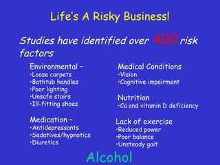Studies have identified over 400 risk
factors
Life’s A Risky Business!
Environmental –
•Loose carpets
•Bathtub handles
•Poor lighting
•Unsafe stairs
•Ill-fitting shoes
Medication –
•Antidepressants
•Sedatives/hypnotics
•Diuretics
Medical Conditions
•Vision
•Cognitive impairment
Nutrition
•Ca and vitamin D deficiency
Lack of exercise
•Reduced power
•Poor balance
•Unsteady gait
Alcohol
 