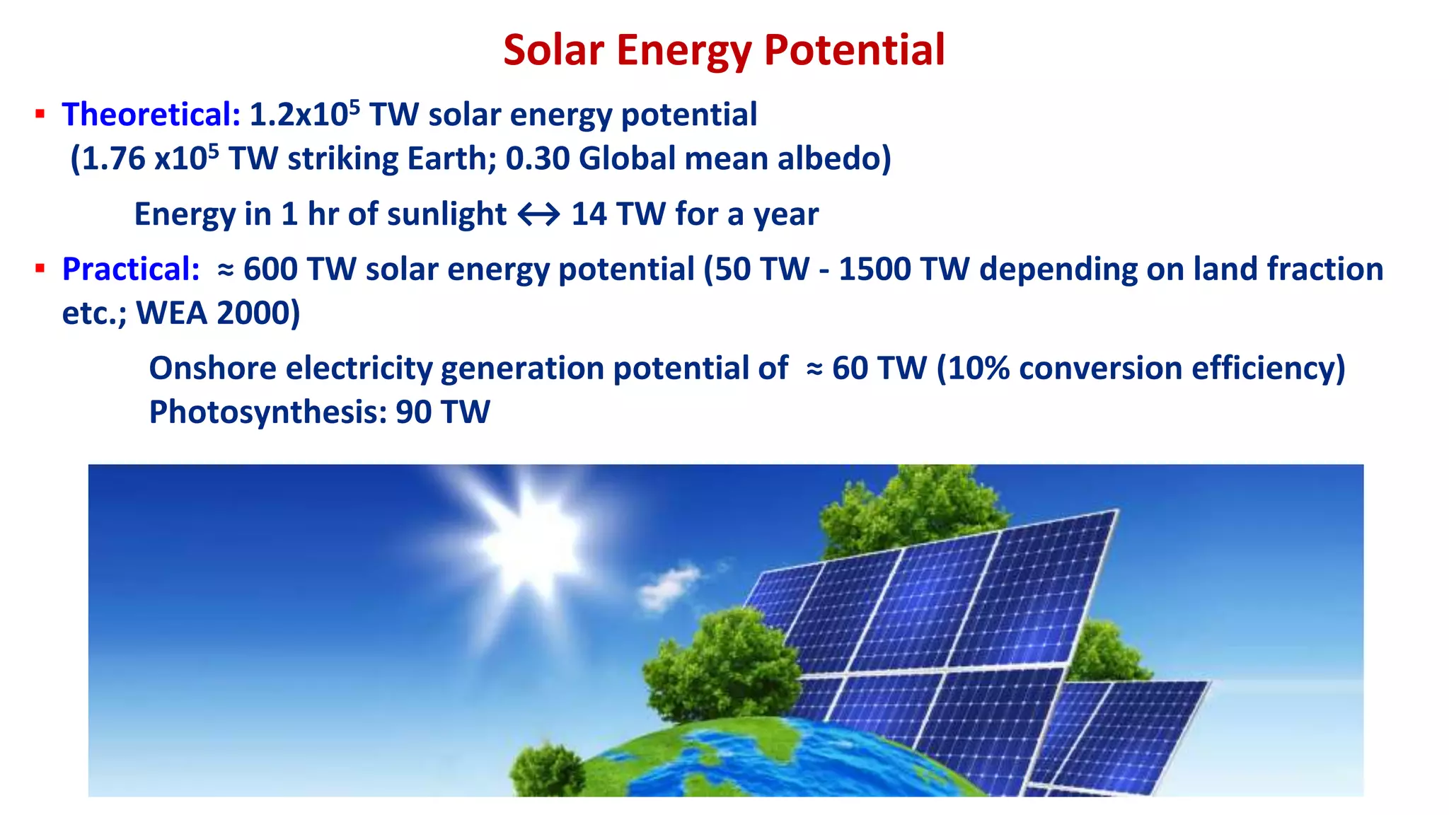 Solar Energy Potential
▪ Theoretical: 1.2x105 TW solar energy potential
(1.76 x105 TW striking Earth; 0.30 Global mean albedo)
Energy in 1 hr of sunlight ↔ 14 TW for a year
▪ Practical: ≈ 600 TW solar energy potential (50 TW - 1500 TW depending on land fraction
etc.; WEA 2000)
Onshore electricity generation potential of ≈ 60 TW (10% conversion efficiency)
Photosynthesis: 90 TW
 