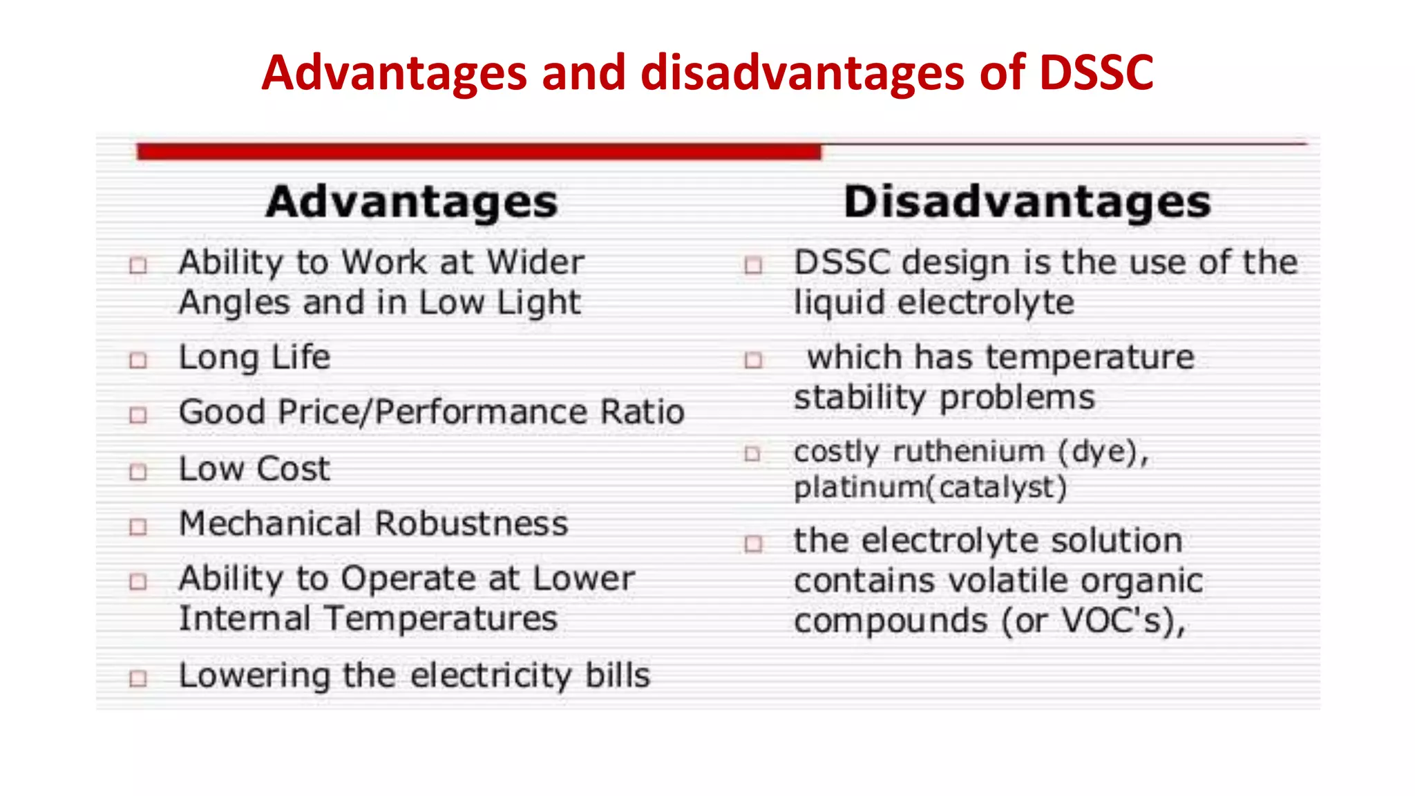 Advantages and disadvantages of DSSC
 