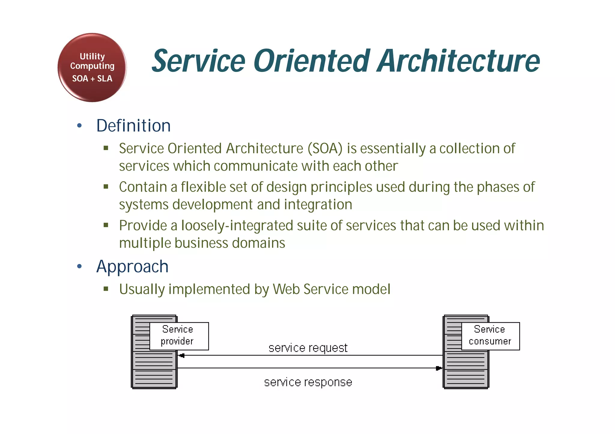 Service Oriented Architecture
• Definition
 Service Oriented Architecture (SOA) is essentially a collection of
services which communicate with each other
 Contain a flexible set of design principles used during the phases of
systems development and integration
 Provide a loosely-integrated suite of services that can be used within
multiple business domains
• Approach
 Usually implemented by Web Service model
Utility
Computing
SOA + SLA
 
