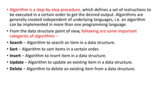 • Algorithm is a step-by-step procedure, which defines a set of instructions to
be executed in a certain order to get the desired output. Algorithms are
generally created independent of underlying languages, i.e. an algorithm
can be implemented in more than one programming language.
• From the data structure point of view, following are some important
categories of algorithms −
• Search − Algorithm to search an item in a data structure.
• Sort − Algorithm to sort items in a certain order.
• Insert − Algorithm to insert item in a data structure.
• Update − Algorithm to update an existing item in a data structure.
• Delete − Algorithm to delete an existing item from a data structure.
 