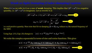Weak or light Damping (Under-damping) system
When 𝑏 < 𝜔 we refer to it as a case of weak damping. This implies that 𝑏2
− 𝜔...