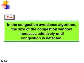 24.26
In the congestion avoidance algorithm,
the size of the congestion window
increases additively until
congestion is detected.
Note
 