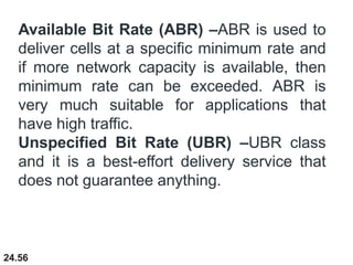 24.56
Available Bit Rate (ABR) –ABR is used to
deliver cells at a specific minimum rate and
if more network capacity is available, then
minimum rate can be exceeded. ABR is
very much suitable for applications that
have high traffic.
Unspecified Bit Rate (UBR) –UBR class
and it is a best-effort delivery service that
does not guarantee anything.
 